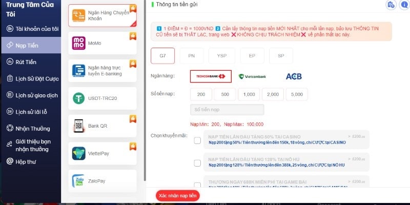 Nạp vốn cược tiện lợi thông qua đa dạng các phương thức